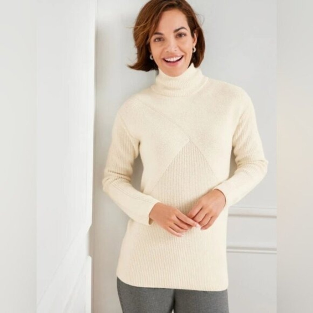 Talbots Wool Blend Ribbed Career Chic Fall Cozy Turtleneck Sweater Ivory Women M